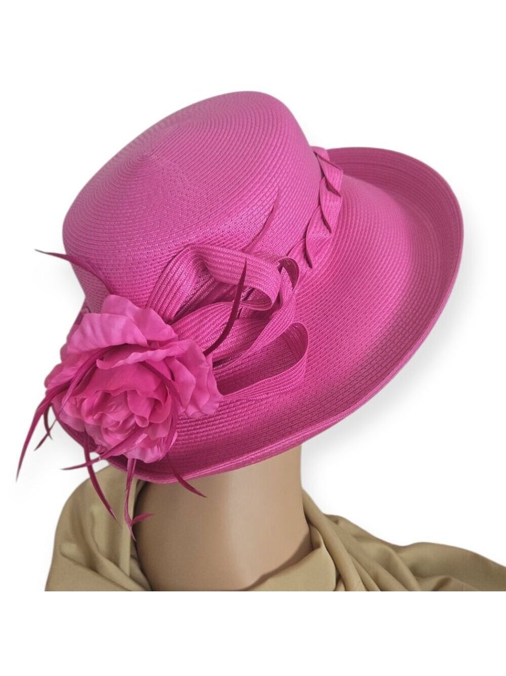 betmar Hot Pink Straw Dress Hat with Braided Band and Floral Accent - Picture 2 of 8